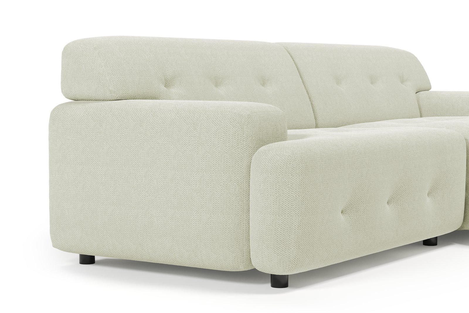 Bob sofa 1,5-seter med sjeselong høyre. Tekstil Mito 01 Antique White med sorte ben.