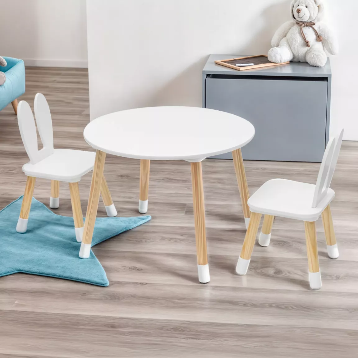 Table et 2 chaises enfant bois lapin (H44 cm) Lila Blanc