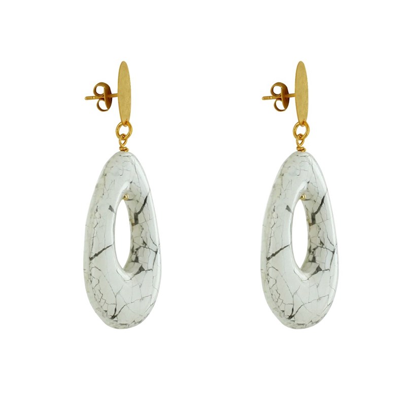 Boucles d'Oreilles Clous Laiton Mat Pastille Brossée Goutte Ajouré en Résine Craquelée