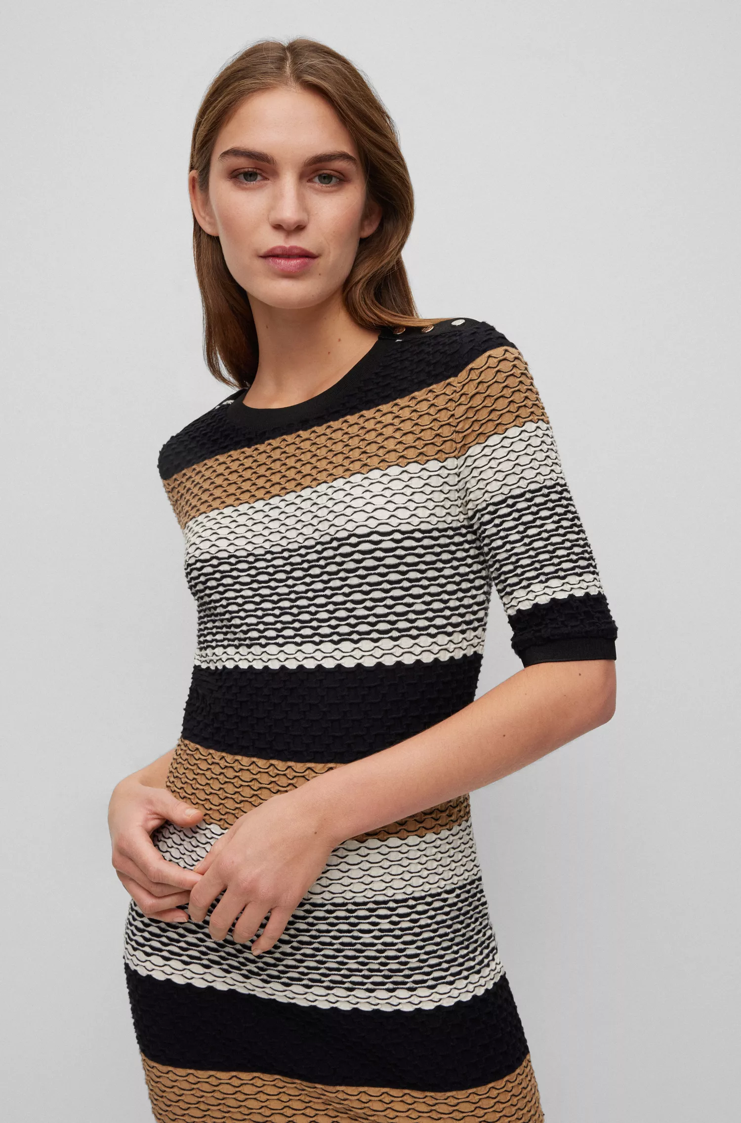 Vestido BOSS preto com listras estruturadas em malha de algodão stretch