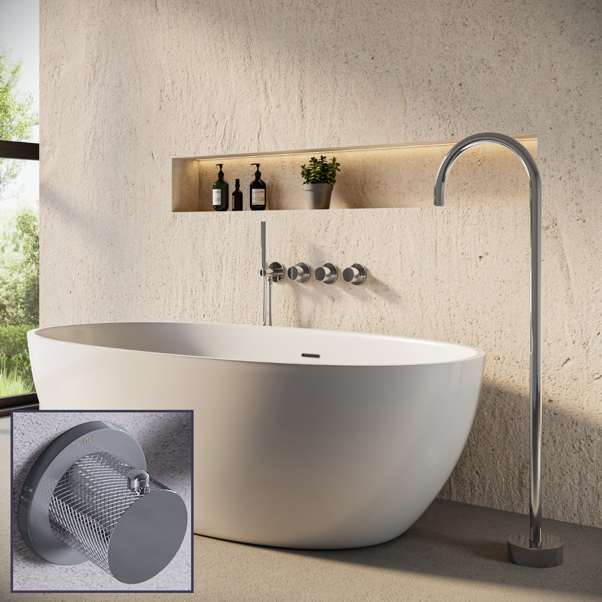 Saniclear Plus Curved inbouw badkraan met vrijstaande uitloop en staafhanddouche chroom