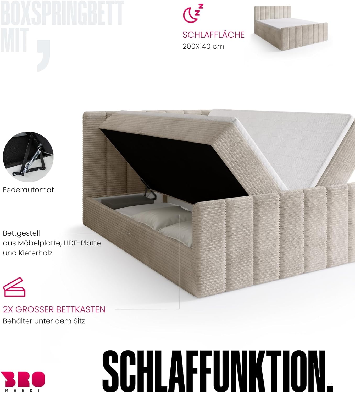 BROMARKT Boxspringbett mit Matratze Bett 140x200 Vanille Doppelbett mit Topper Boxbett mit Stauraum Polsterbett mit Bettkasten Kopfteil Denver Duo Härtegrad H3 Cordstoff