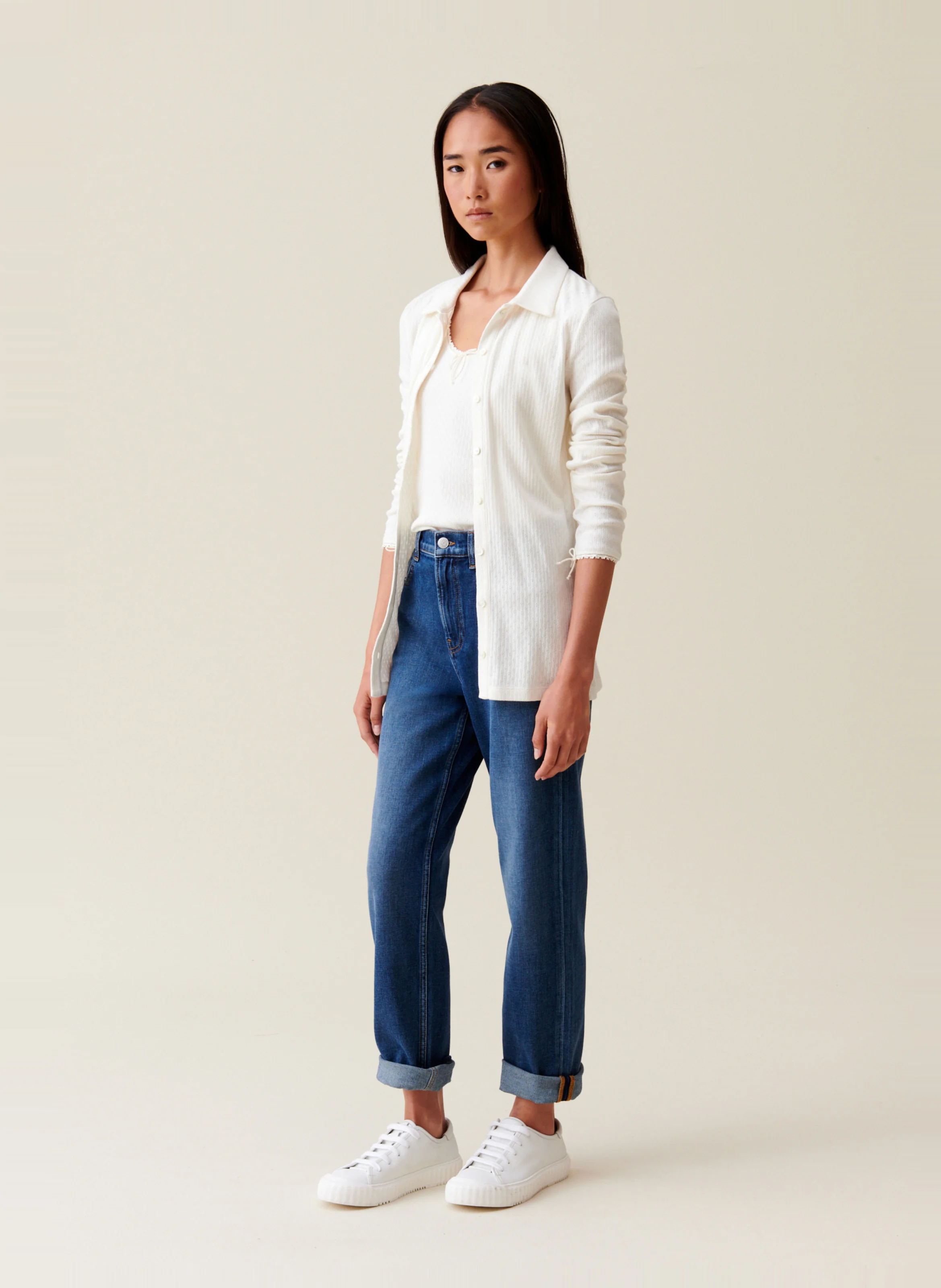 Chemise droite brodée en coton| Blanc