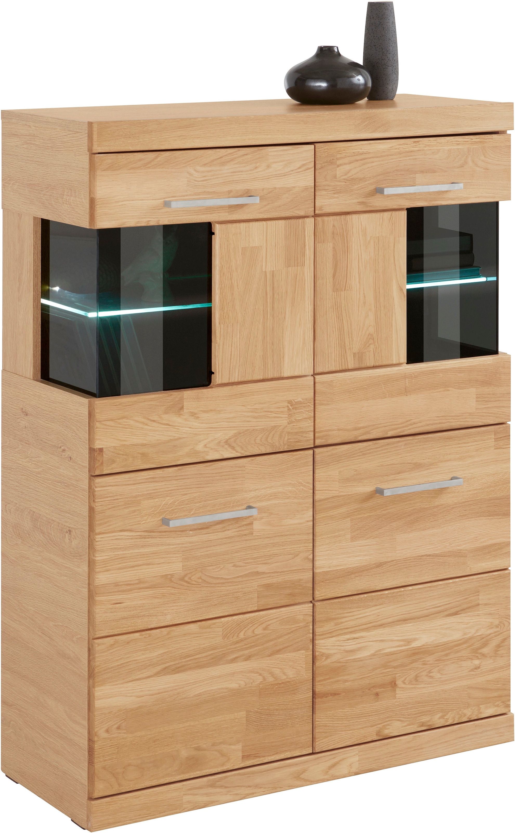 Home affaire Highboard »Ribe,85cm breit,115cm hoch, Fronten Massivholz,4 breite Fächer« Korpus Holzwerkstoff,2Türen mit  Glaseinsatz, Böden versetzbar