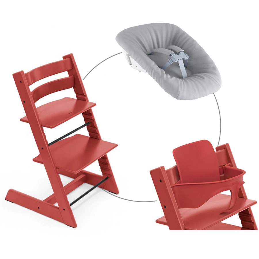 STOKKE® Mega Tripp Trapp® Set Hochstuhl Buche Warm Red inkl. Newborn Set™ Grey und Baby Set Warm Red