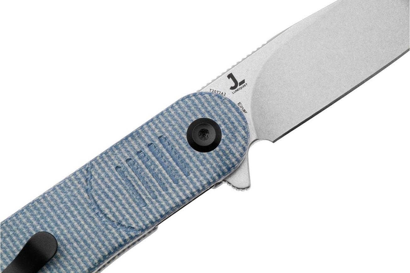 Tenable Knives Einar T2072A2 Stonewashed Nitro-V, Blue Micarta, zakmes, Justin Lundquist design