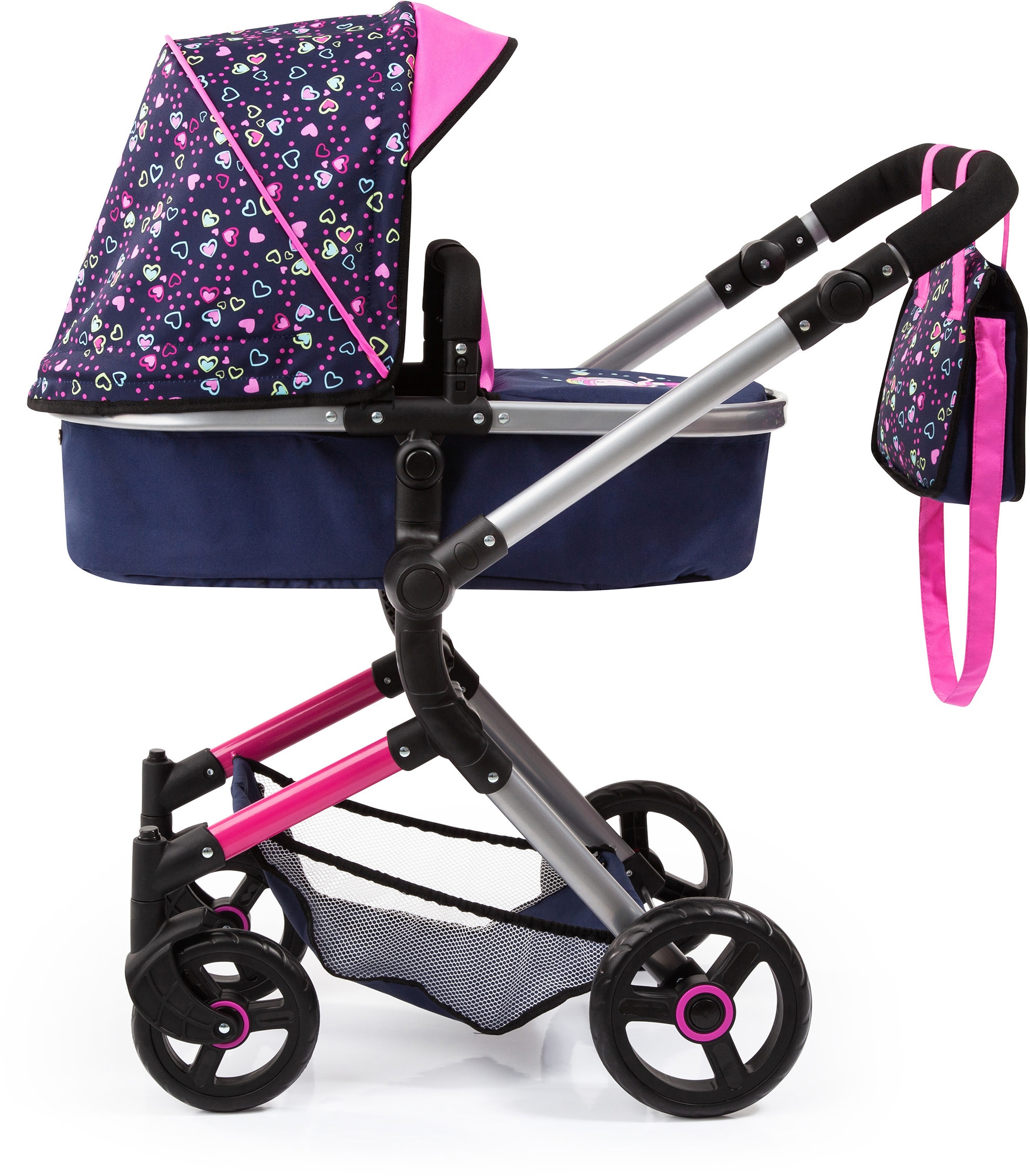 Bayer Kombi-Puppenwagen »Vario, Blau/Pink/Herzchen« inkl. Wickeltasche