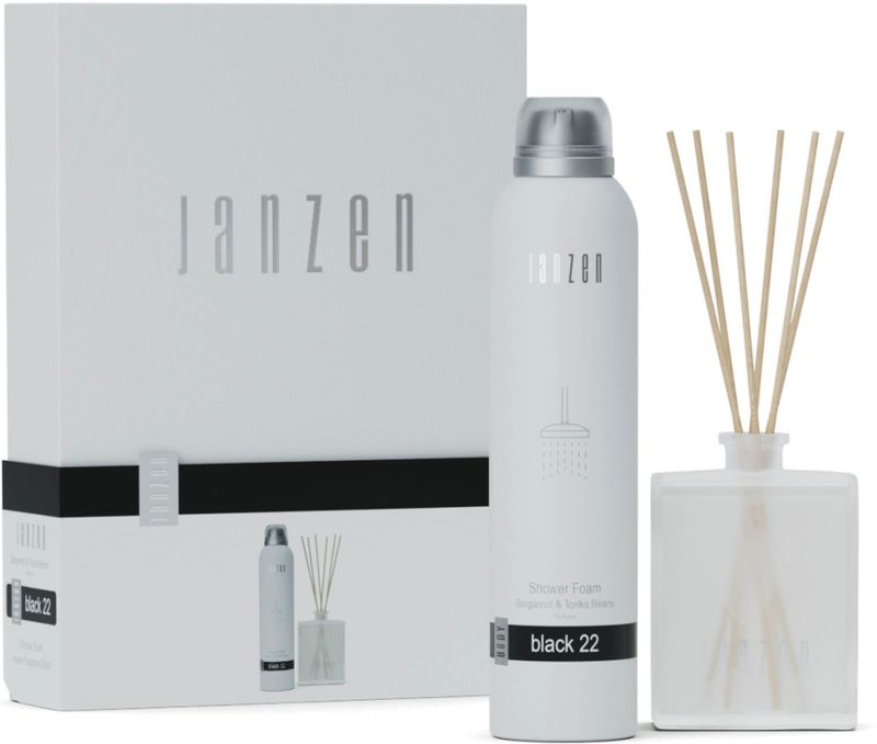 JANZEN Gift Set S Home & Body - Black 22 - Fris en Kruidig - Luxe Cadeaupakket - 2 producten - Shower Foam en Geurstokjes