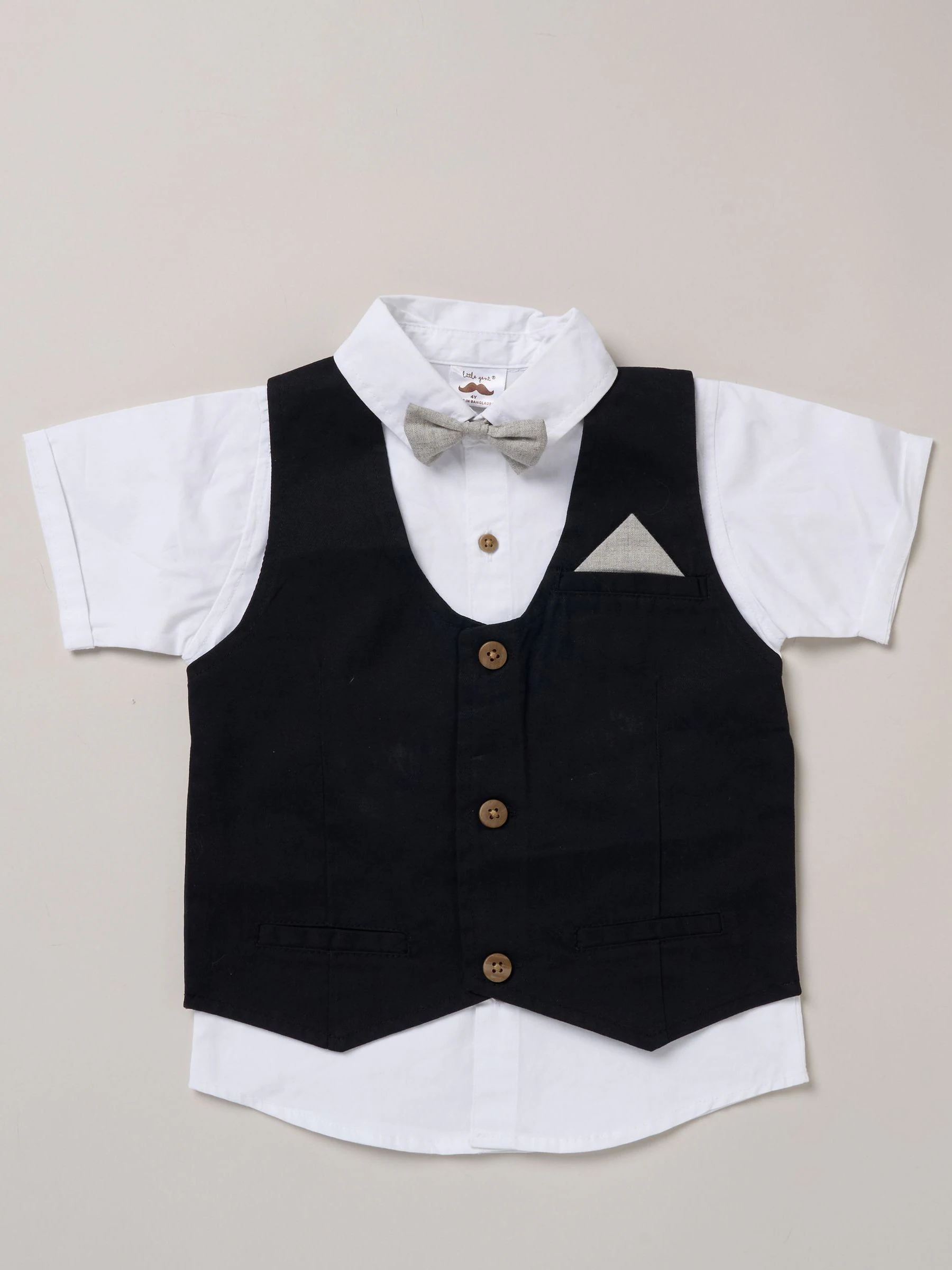 Zwart - Little Gent 100% Cotton Shirt with Mock Waistcoat Shorts and Bowtie Outfit Set