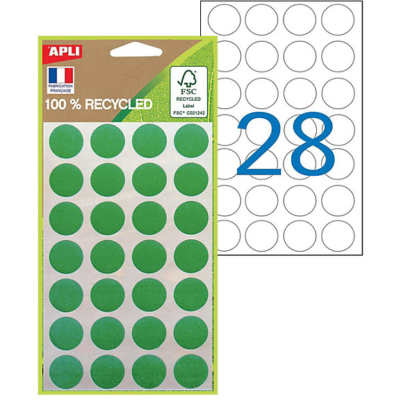 APLI Pastilles adhésives recyclées Ø 15 mm - 101782 - Pochette de 168 - Vert