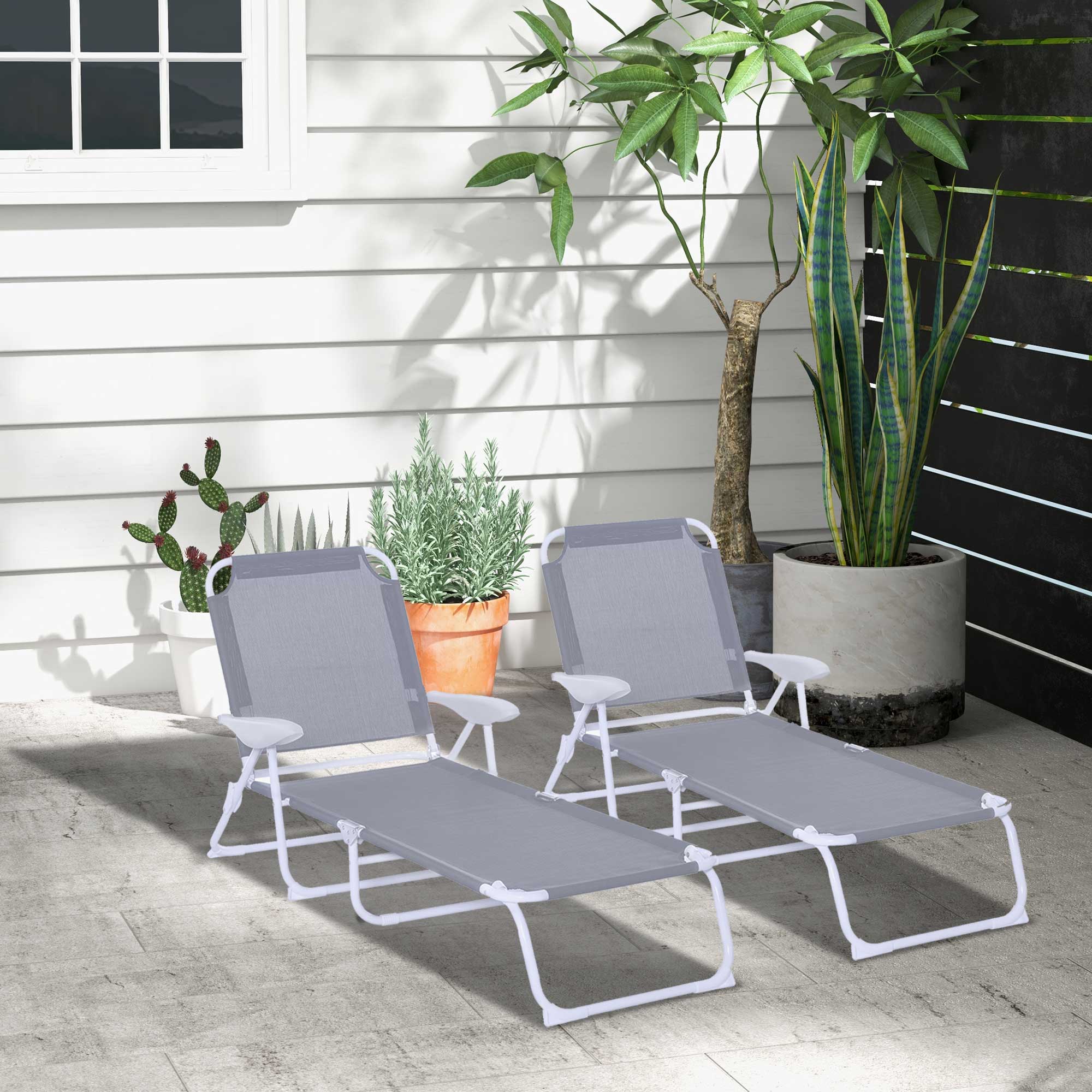 Conjunto de 2 espreguiçadeiras dobráveis Outsunny, espreguiçadeiras de jardim com encosto ajustável em 4 níveis, capacidade de carga de 120 kg, para pátio e piscina, 186 x 66 x 80 cm, cinza