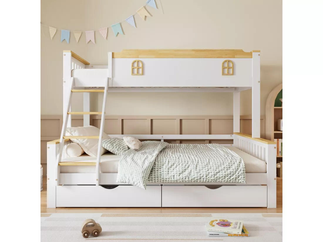 Lit superposé pour enfants 90x200cm & 140x200cm avec garde-corps, fenêtre, échelle inclinée et tiroirs, blanc + couleurs naturelles
