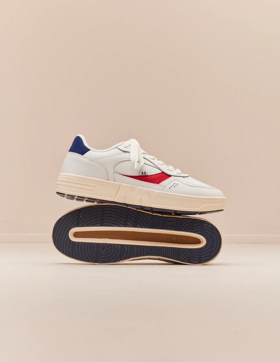 Baskets basses Aimé - Cuir recyclé et suède vegan blanc rouge marine