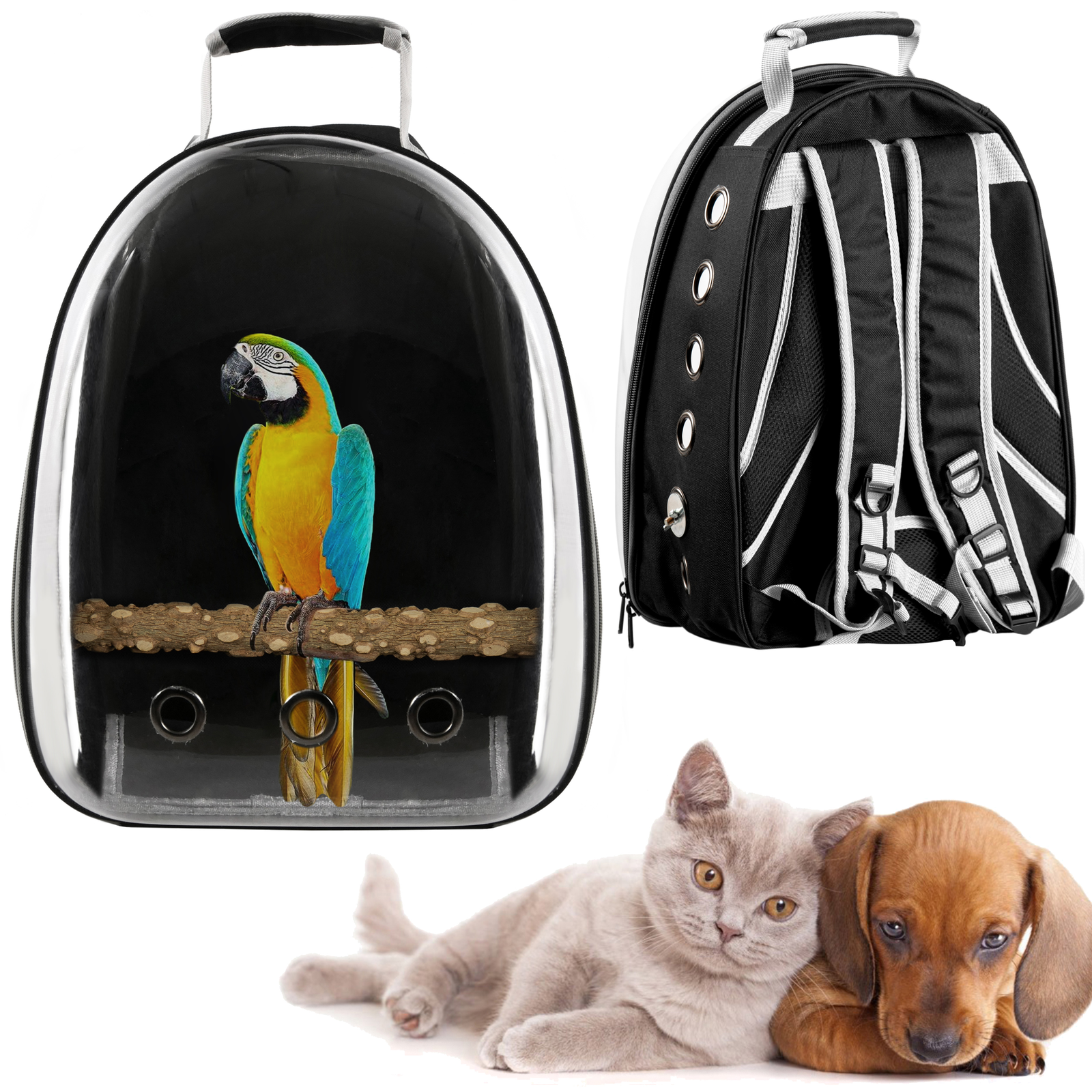 Mochila transportadora para animais de estimação, como gatos, cães ou pássaros. Feita em plástico rígido e tecido.
