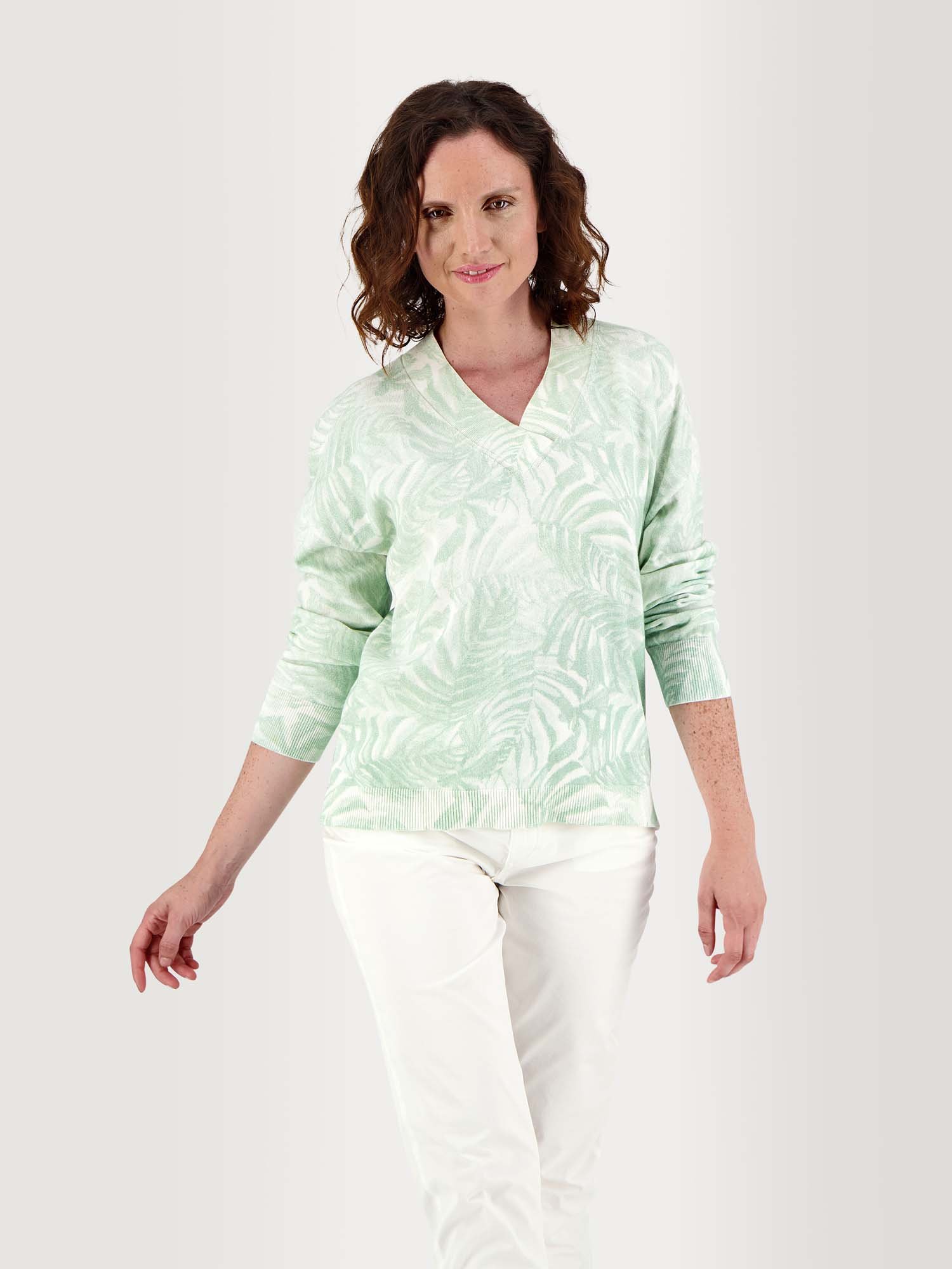 Pull Femme Col V Printé Coton Vert Clair