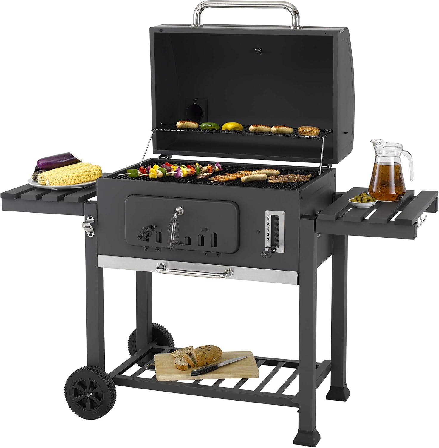 tepro Toronto XXL, Holzkohlegrill/Grillwagen, Grillfläche: ca. 71,5 x 46 cm, Edelstahl-Griff, Thermometer und höhenverstellbarer Kohlebene, Kaminanzug und Kohleklappe, Maße ca. 152 x 73 x 137 cm