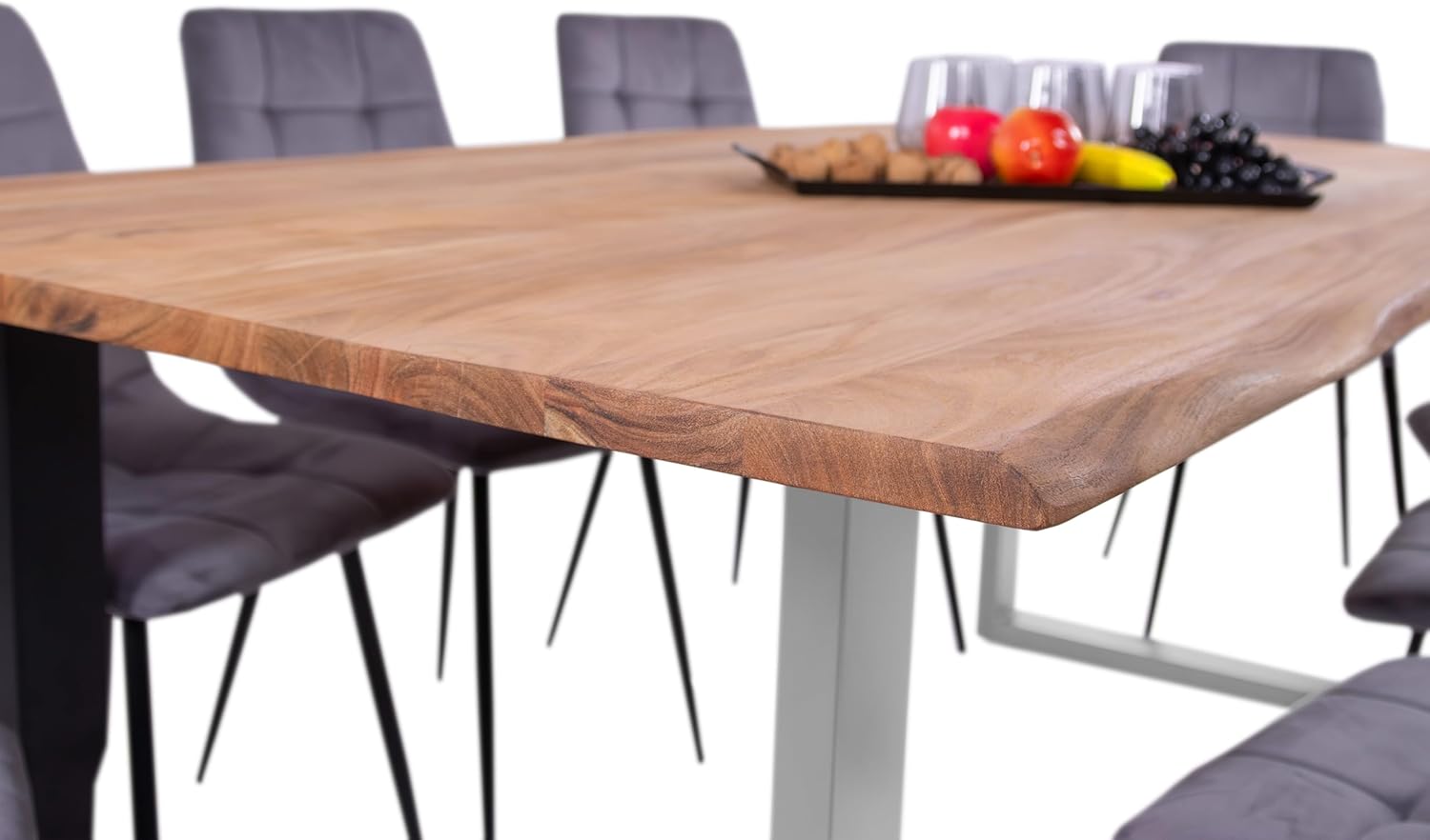 SAM Baumkantentisch 120 x 80 cm Dana, massiver Esstisch Eiche, Esszimmertisch mit U-Gestell aus Metall Silber, echte Baumkante, pflegeleichter Holztisch