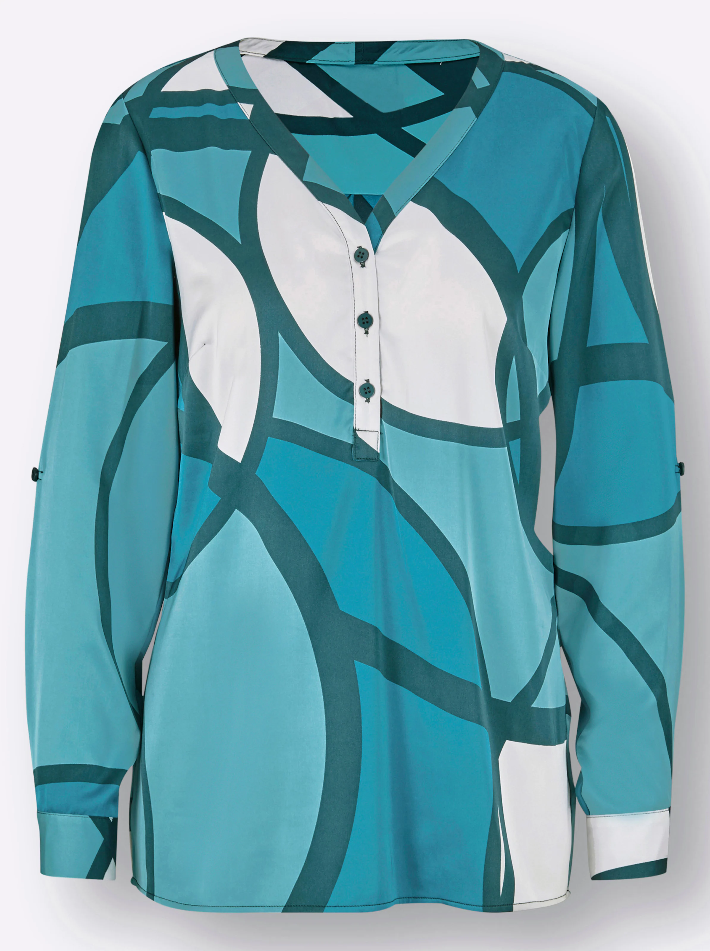 Longbluse in ecru-petrol-bedruckt