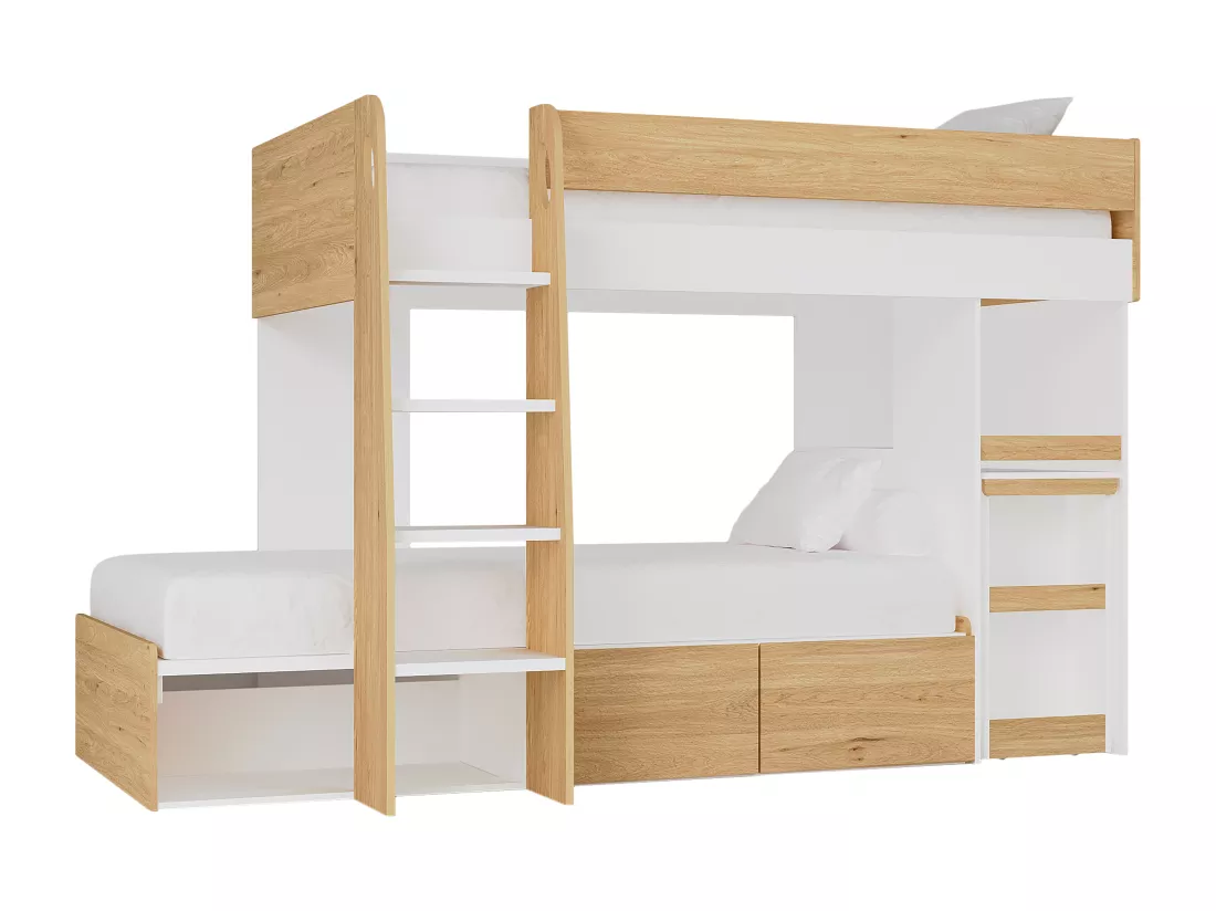Lits superposés 2 x 90 x 190 cm avec bureau et rangements - Coloris : Naturel et blanc - LOMIDEN
