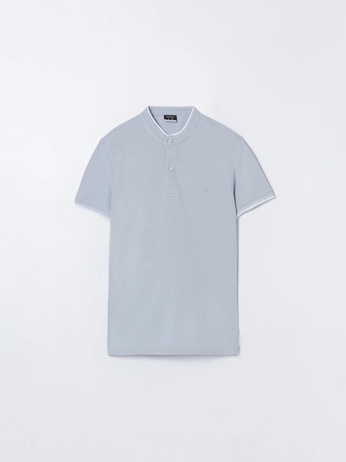 Camisa polo bordada com gola mandarim - Azul Médio