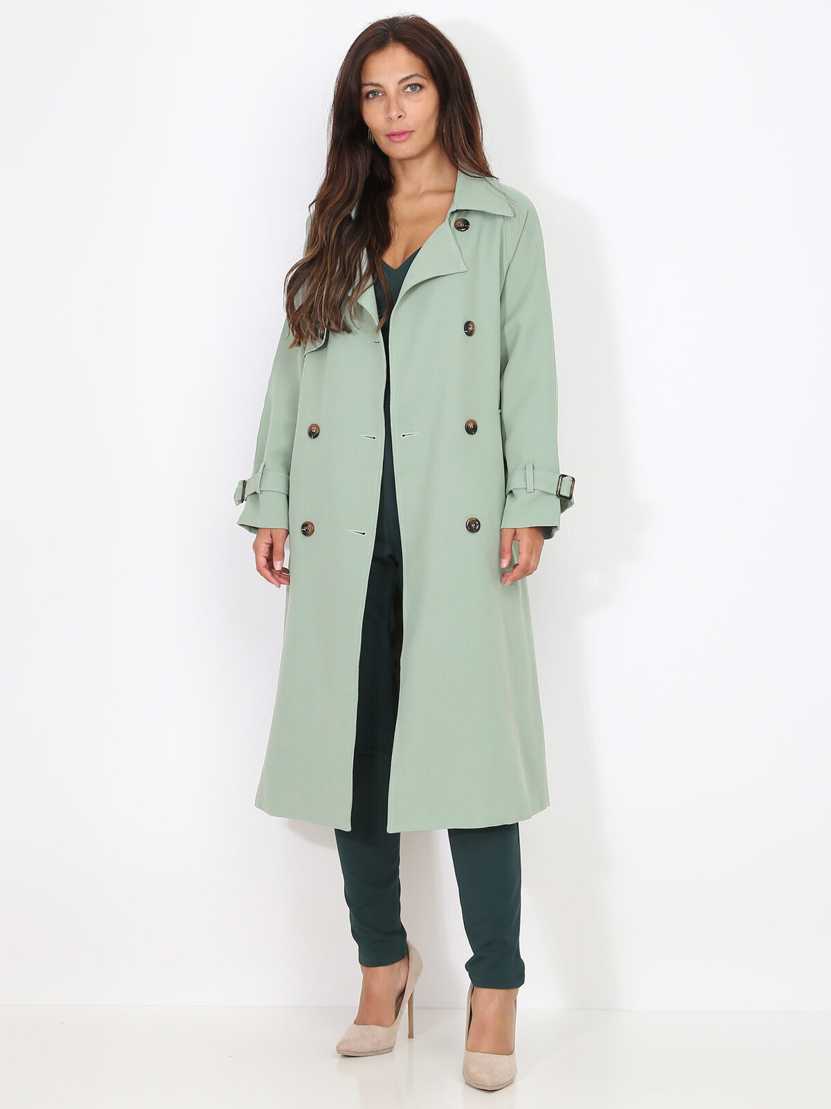 Trench mi-long droit ceinturé- Vert clair