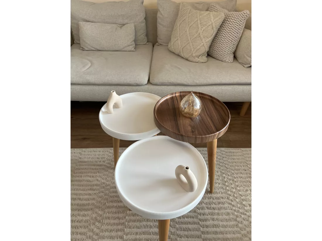 Tables gigognes, set de 3, pieds en bois, tables basses, colorés (Blanc et Noyer)