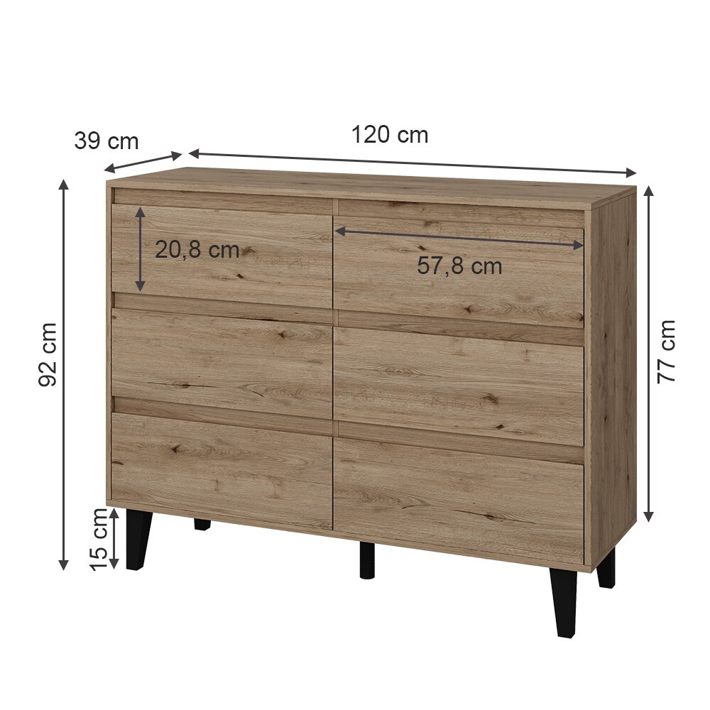Vicco Sideboard Bahia Eiche 120 x 92 cm mit 6 Schubladen