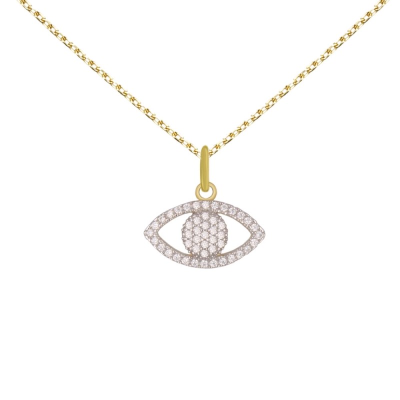 Collier - Pendentif Or Jaune Oeil Serti de Zirconiums - Chaine Dorée Offerte