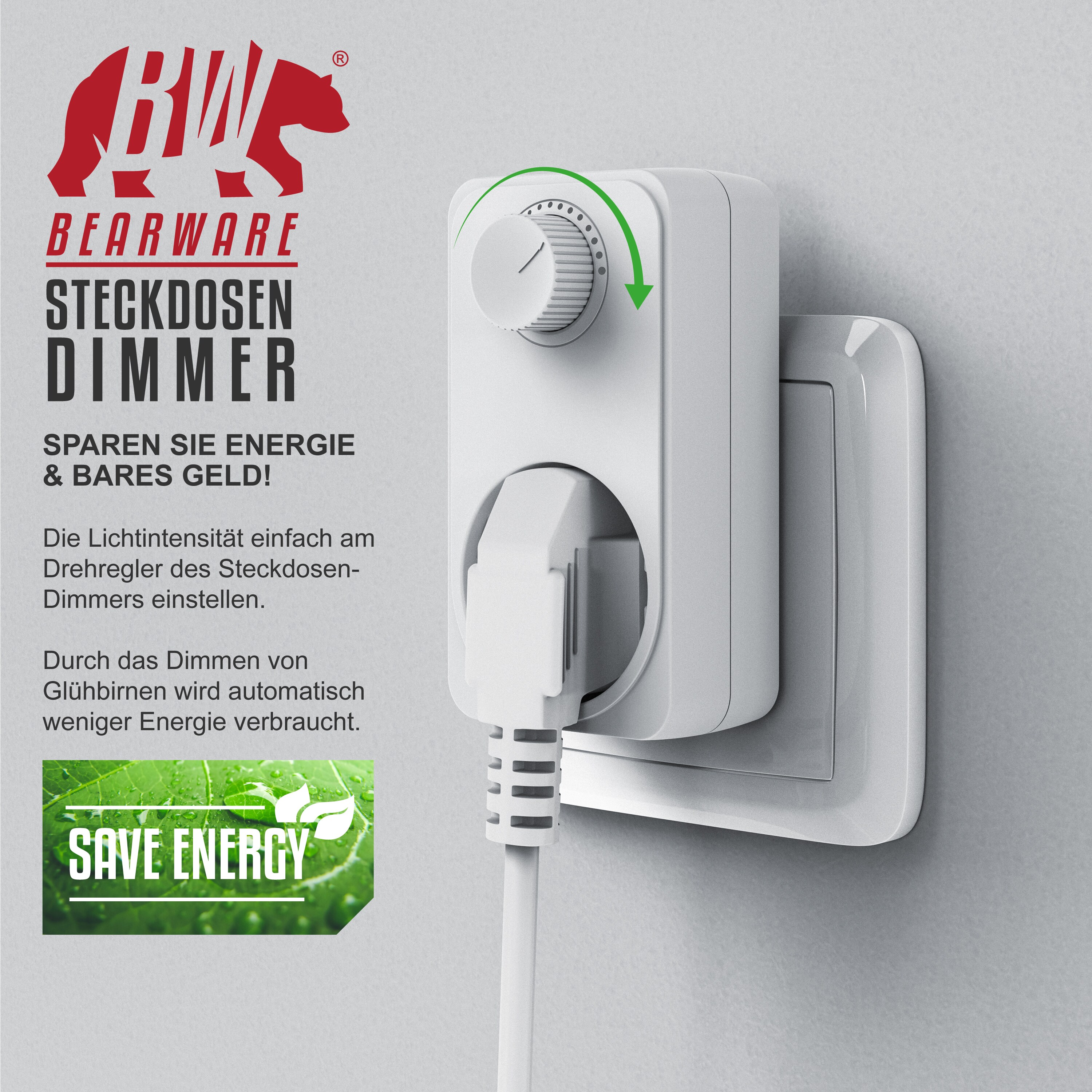 BEARWARE Steckdosendimmer mit Drehregler - von 20 bis 400 Watt - Universal Dimmer für die Steckdose - nur für Glühlampen - Helligkeitsregler
