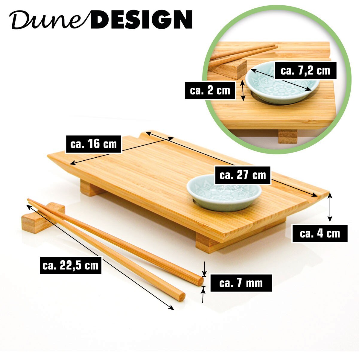 2x Japanisches Sushi Brett - 27x16x4 Bambus Platten Set - Teller mit Schälchen