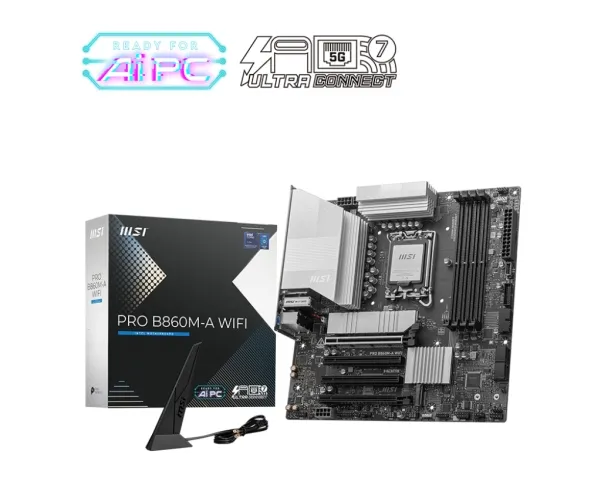 MSI PRO B860M-A WIFI - Bundkort - micro ATX - LGA1851 sokkel - B860 Chipset - USB 3.2 Gen 2, USB 3.2 Gen 1 - 5 Gigabit Ethernet, Wi-Fi 7 - onboard grafik (CPU påkrævet) - HD Audio (8-kanaler)