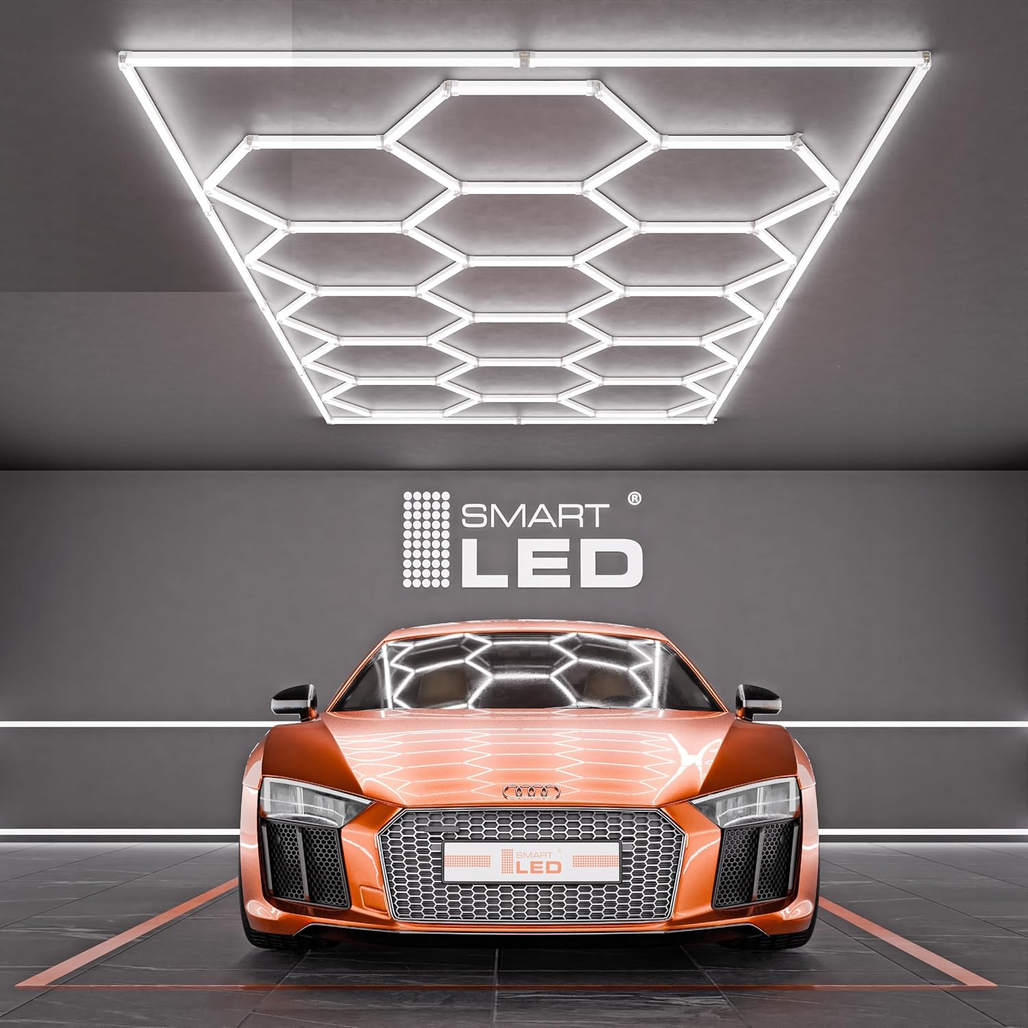 Garagenlampe Hexagon LED 298x209 cm – 15er Set Werkstattbeleuchtung 696W 6500K Kaltweiß – 115LM/W – IP54 – Flimmerfrei – CRI>90 – LED Panel Lichtsystem für Garage, Studio, Detailing, Büro