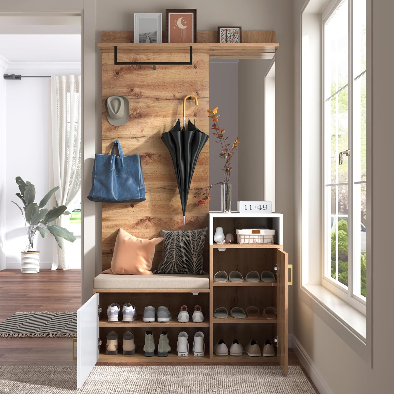 Garderoben-Set, Flurgarderobe mit Sitzbank & Spiegel, Garderobe mit Schuhschrank, Kompaktgarderobe mit 6 goldenen Kleiderhaken, Kissen, oberes Ablagefach, 105 * 40 * 190.5cm Weiß + Holzfarbe