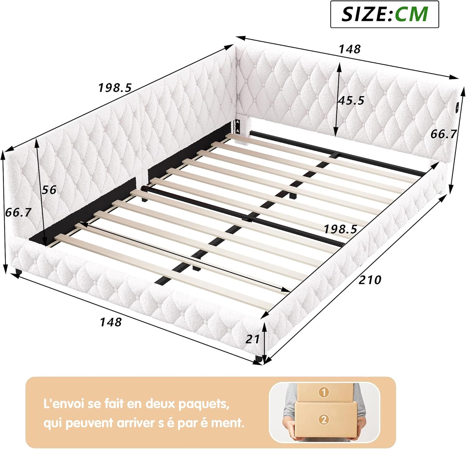 Polsterbett Schlafsofa 140x200 cm, Tagesbett 140x200, L Form Daybett, Jugendbett mit LED und USB, Doppelbett mit Lattenrost, Teddy-Samt, Ohne Matratze (Weiß)