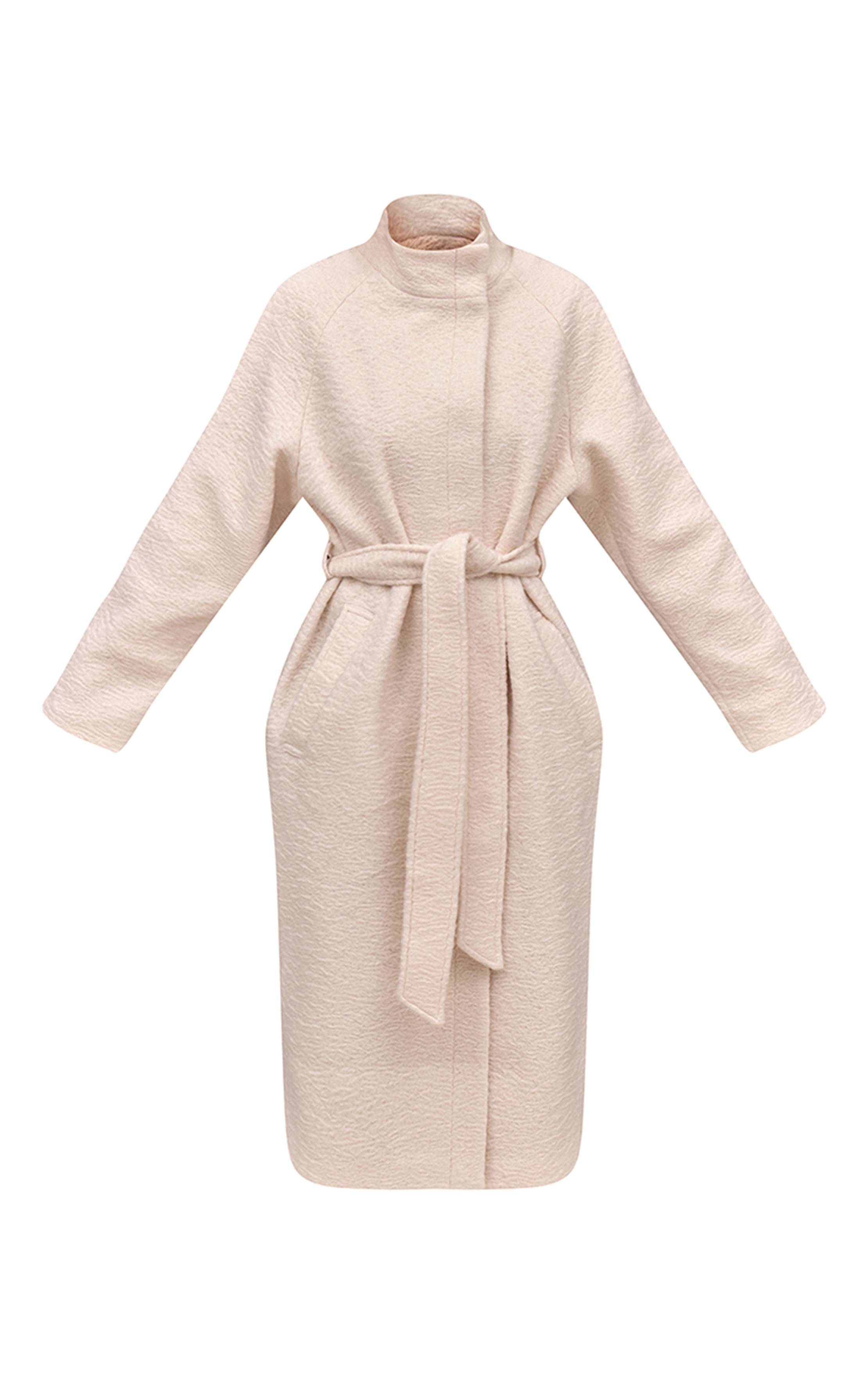 Crème Manteau Long Effet Laine Col Montant Avec Ceinture À Nouer
