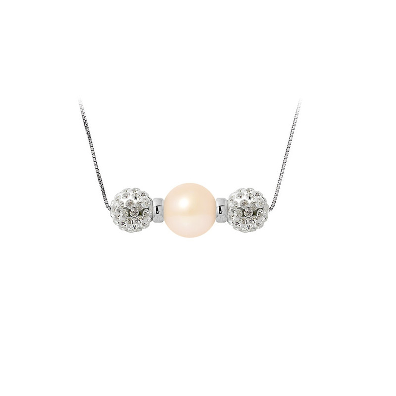 Collier Perle de culture Rose, cristal et Argent 925
