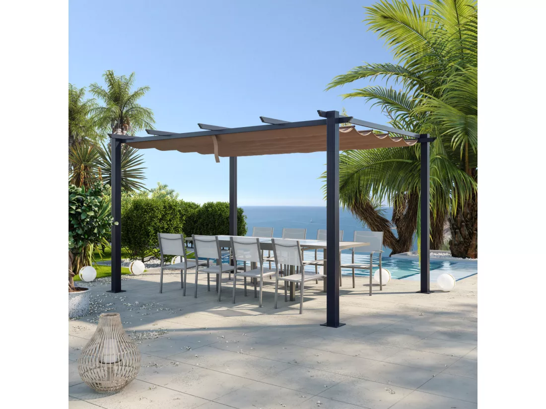 Tonnelle/Pergola aluminium 3x4m toile coulissante rétractable - Gris / Taupe - OHIO XL