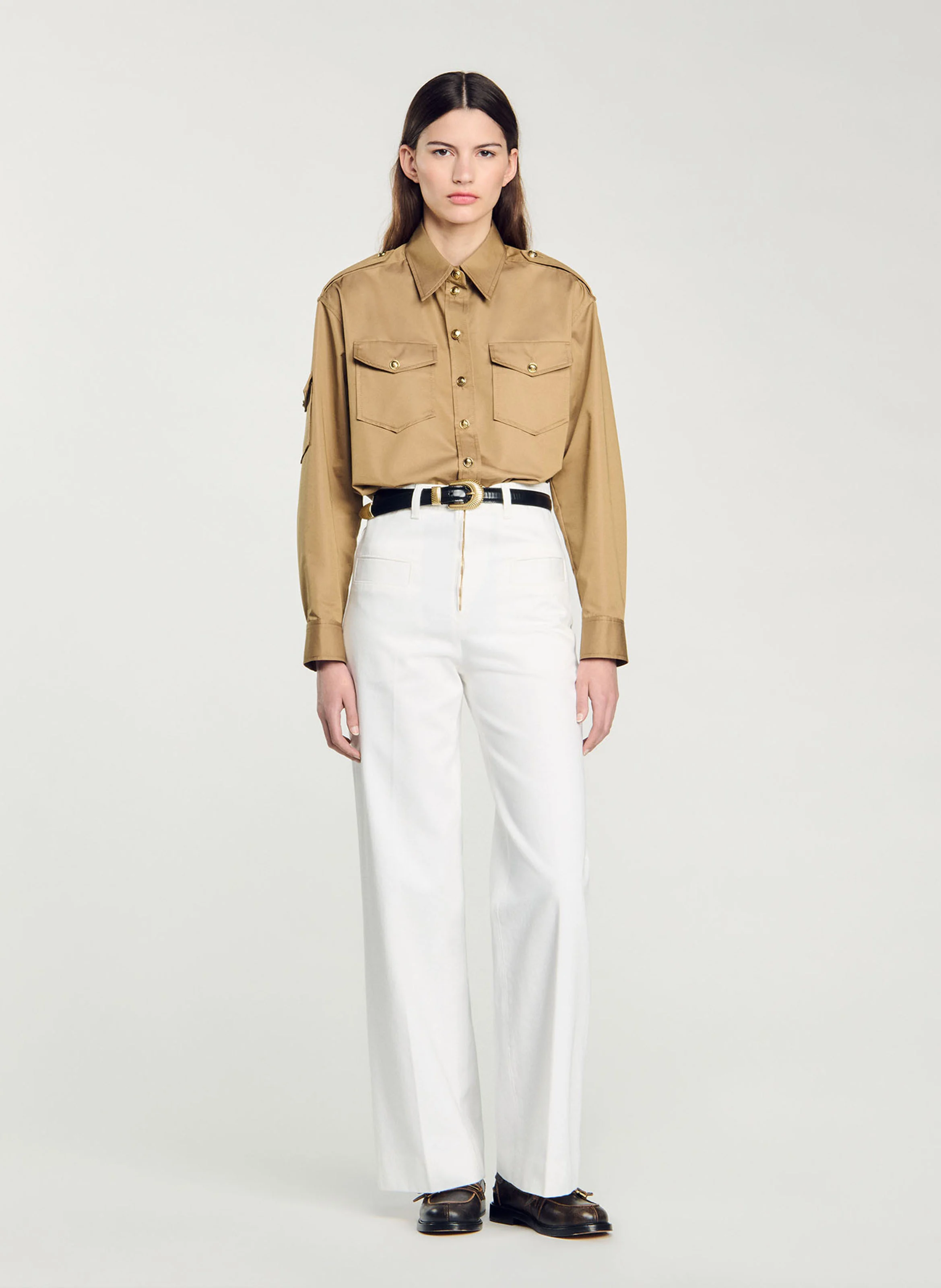 Chemise droite col classique en coton mélangé | Marron