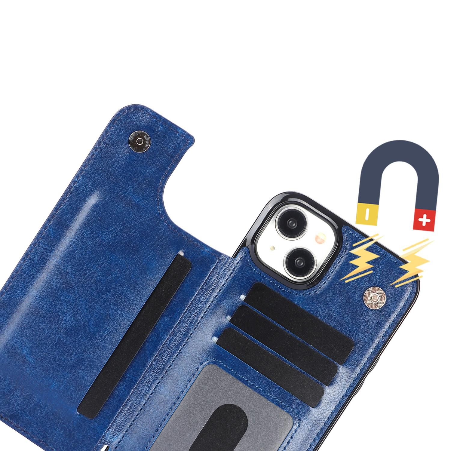 iPhone 15 Hybrid Leder Hülle mit Kartenfach   Kickstand Aufsteller - Blau