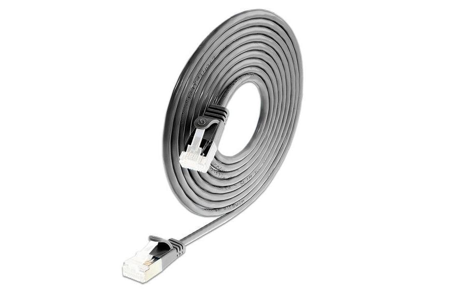 Slimpatchkabel RJ-45 - RJ-45, Cat 6A, U/FTP, 7 m, SchwarzGeschirmtes Cat 6A flaches Twisted-Pair-Kabel (U/FTP) mit Klinkenschutz und vergoldeten RJ-45 Steckern