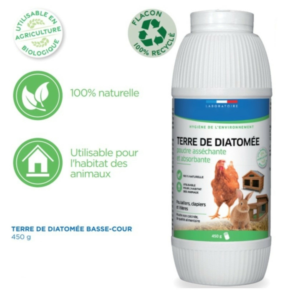 Terre de diatomée 450 g, asséchante, absorbante pour poulaillers, clapiers,