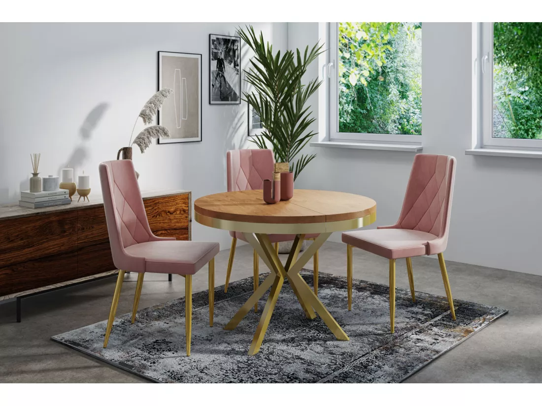 Table à Manger Extensible Ronde - Table Style Loft Avec Doré Pieds En Métal - 120 à 200 Cm - Table Ronde Style Industriel Pour Le Salon - Compacte - 120 Cm - Chêne