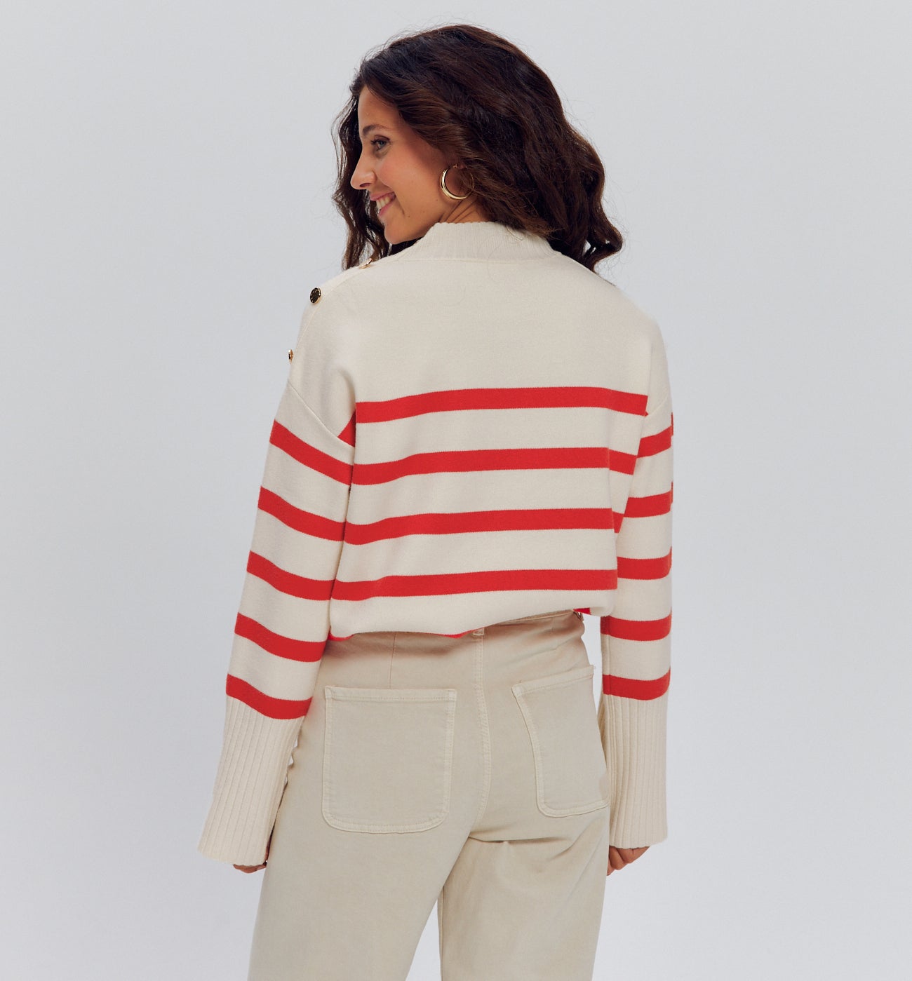 Pull marin col cheminée Femme - Rayé rouge