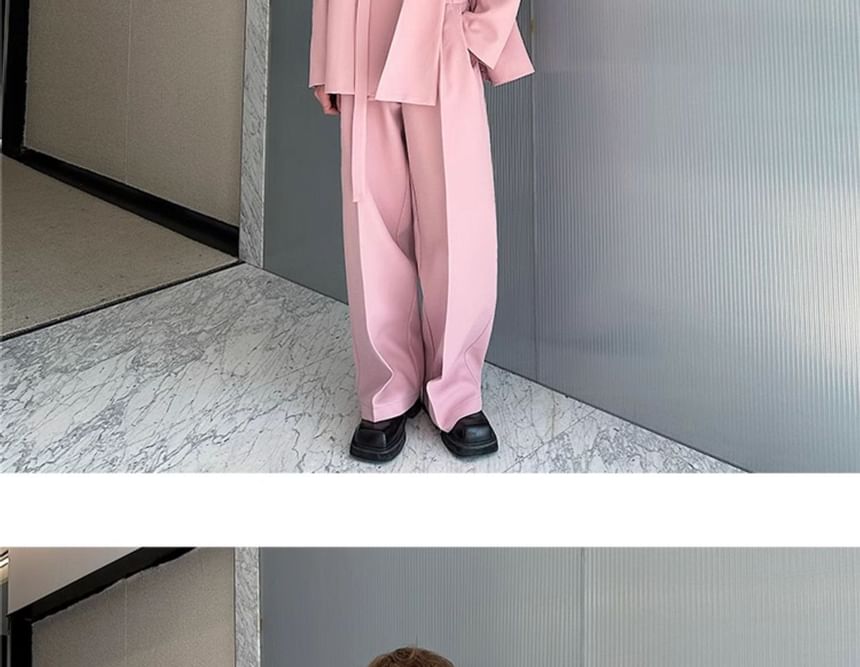 Omozando - Set: Mock Two-Piece Peak Lapel Plain Buttoned Slit Blazer + Mid Rise Wide Leg Dress Pants