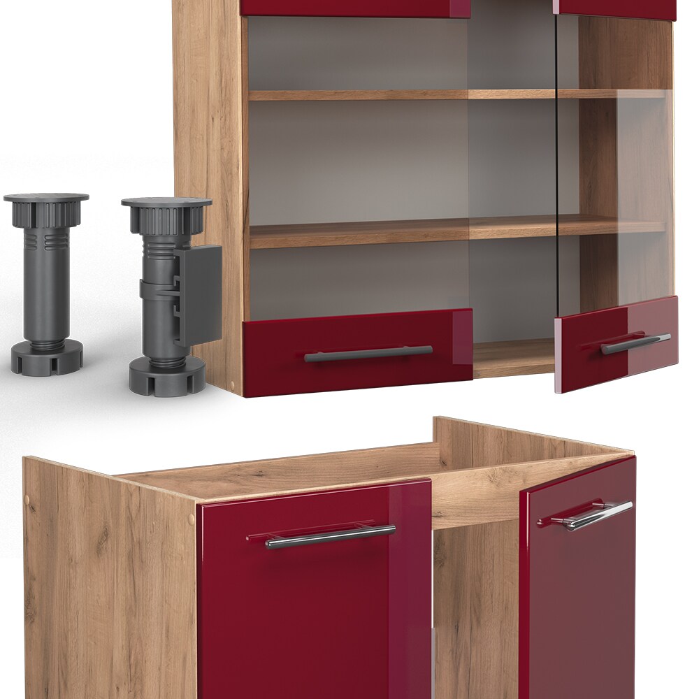 Vicco Küchenzeile Küchenblock Einbauküche Fame-Line Eiche Bordeaux Rot 200 cm modern Küchen Schränke Schubunterschrank Spülenunterschrank Hängeschrank Hängeglasschrank Hochglanz