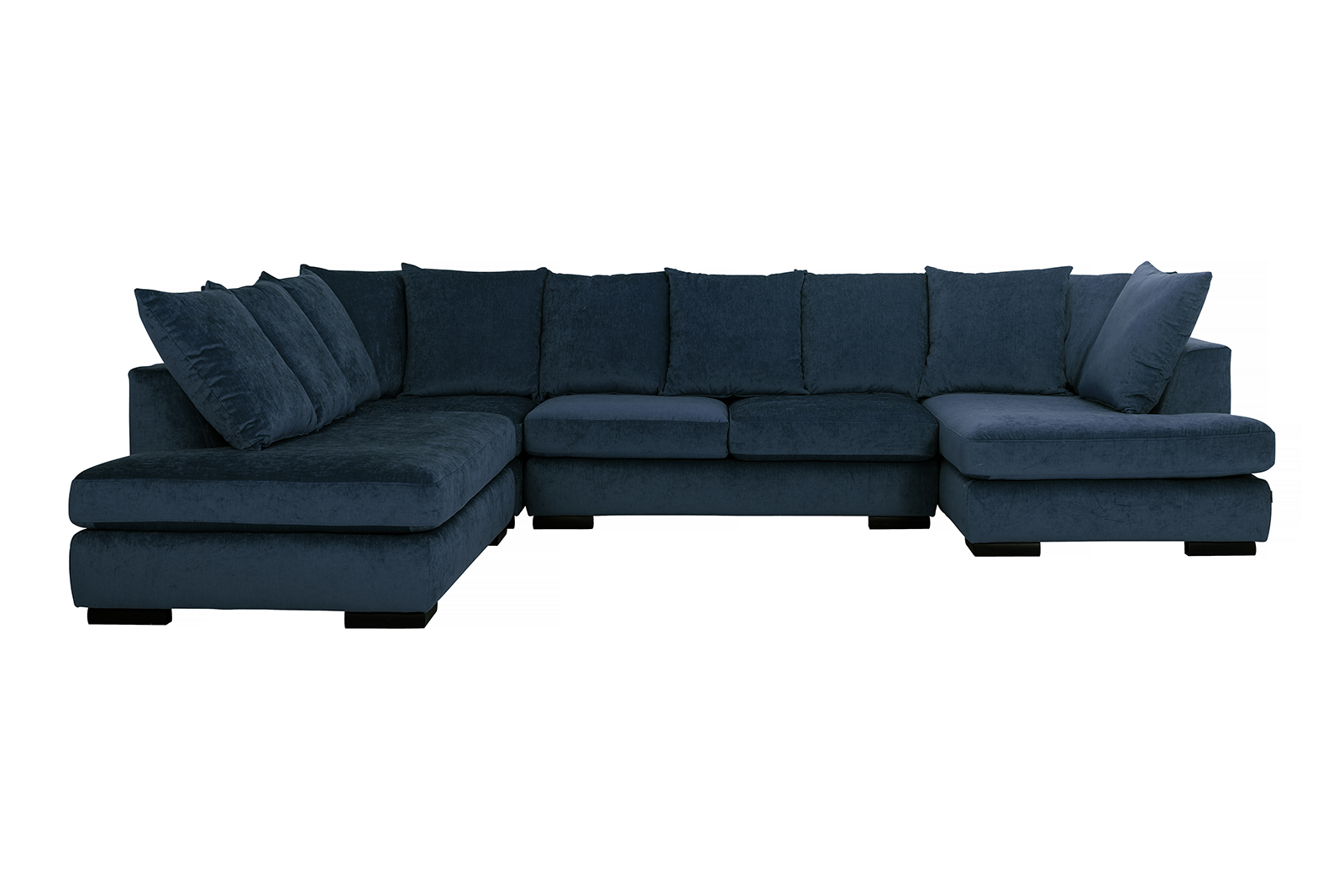 Paso doble hjørnesofa Åpen ende venstre med 2-seter og sjeselong høyre. I velurtekstil Eros Midnight Blue med sorte treben, EU-komfort og løse ryggputer.
