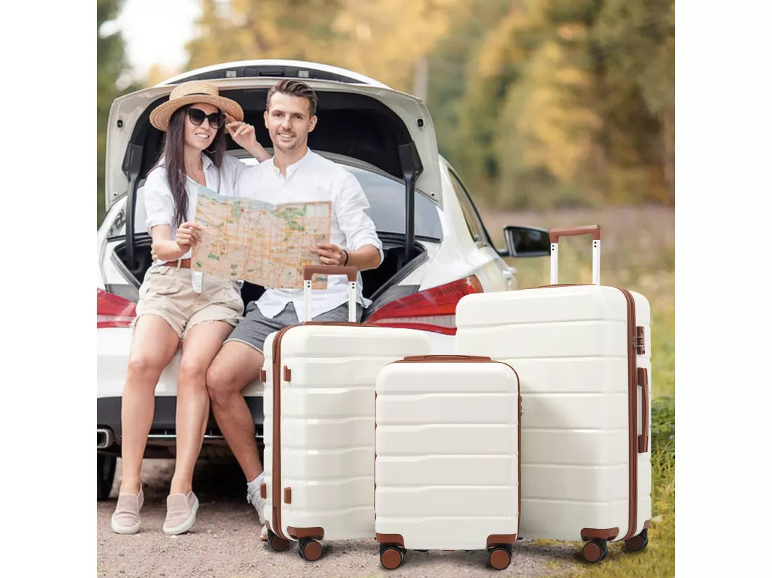 Bagage à main de 3 pièces20&24&28 pouces - en matériau ABS+PC - doubles roues pivotantes à 360° et Serrure TSA - blanc