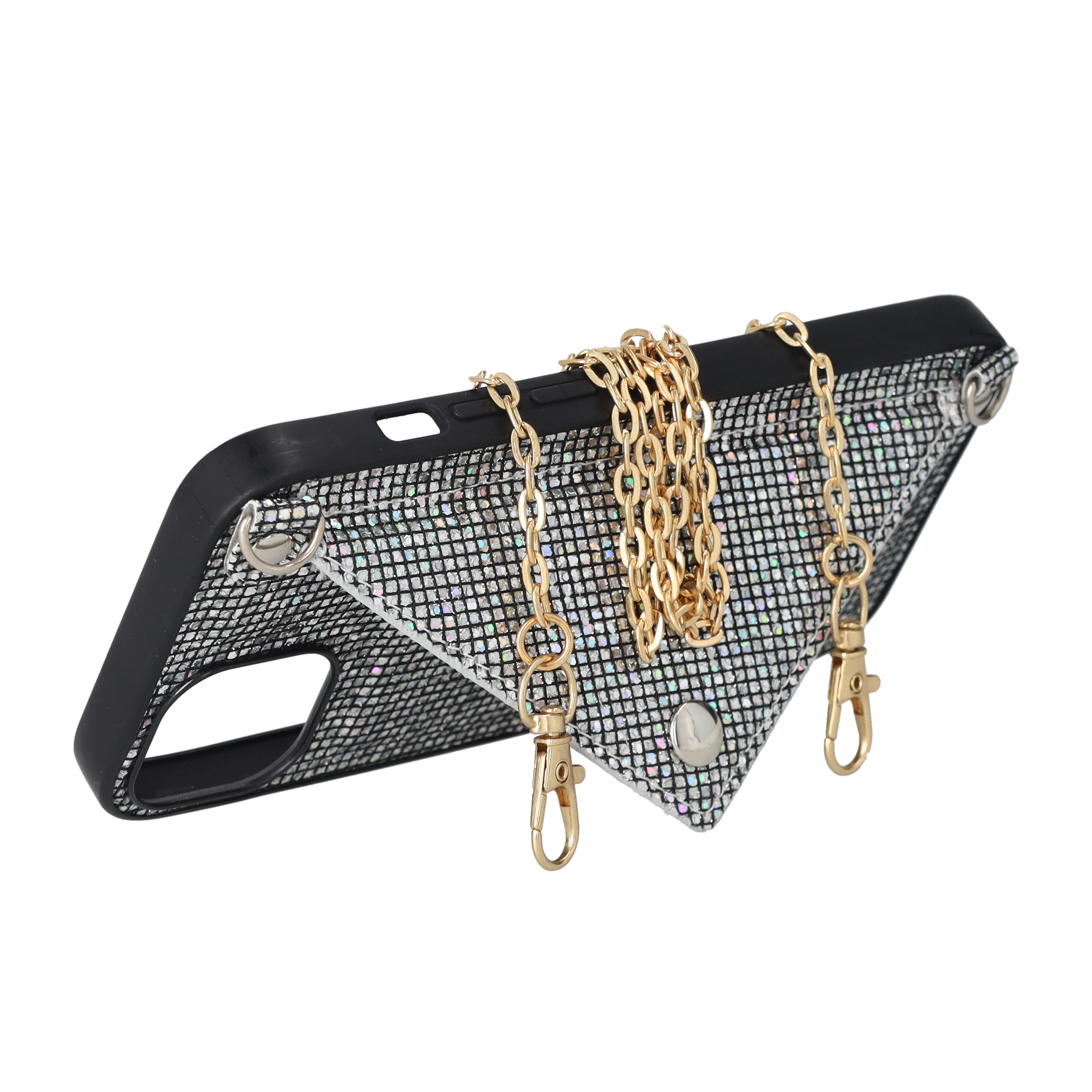 iPhone 13 Necklace Schutz Hülle mit Kartenfach   Handykette (115cm) - Schwarz (Glitzer)