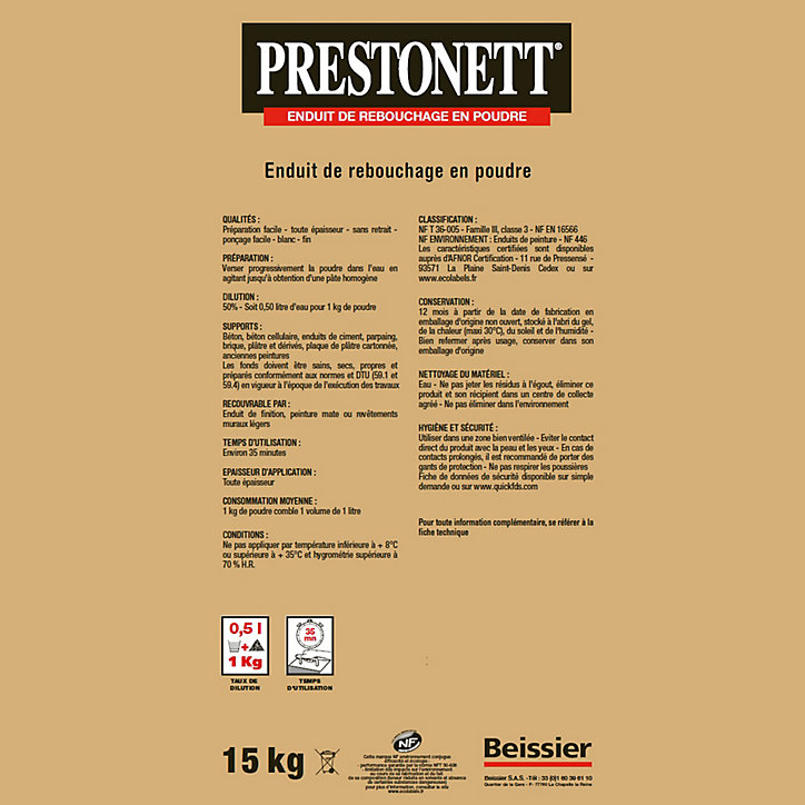 Enduit de rebouchage Prestonett R poudre 15kg