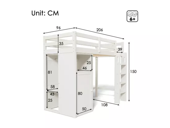 Lit mezzanine 90x200 cm en bois de pin - avec armoire et étagères - Blanc